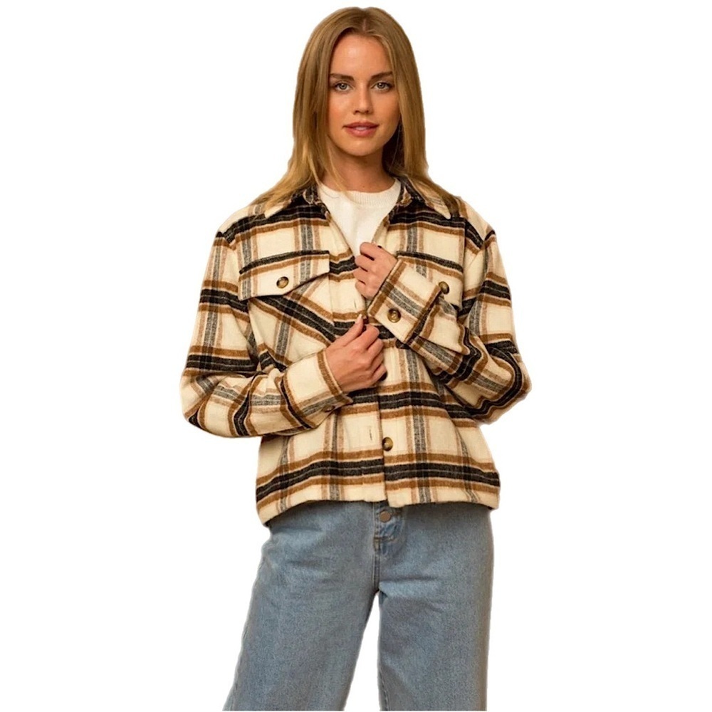 Gilli Plaid Flannel Pocket Detail Short Shacket w/ pockets